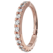 14k rose gold diamond infinity clicker ring, angled view showing diamond prong row and hinged closure