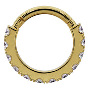 Front-facing view of 14k yellow gold CZ infinity clicker ring showing CZ edging around the full hoop