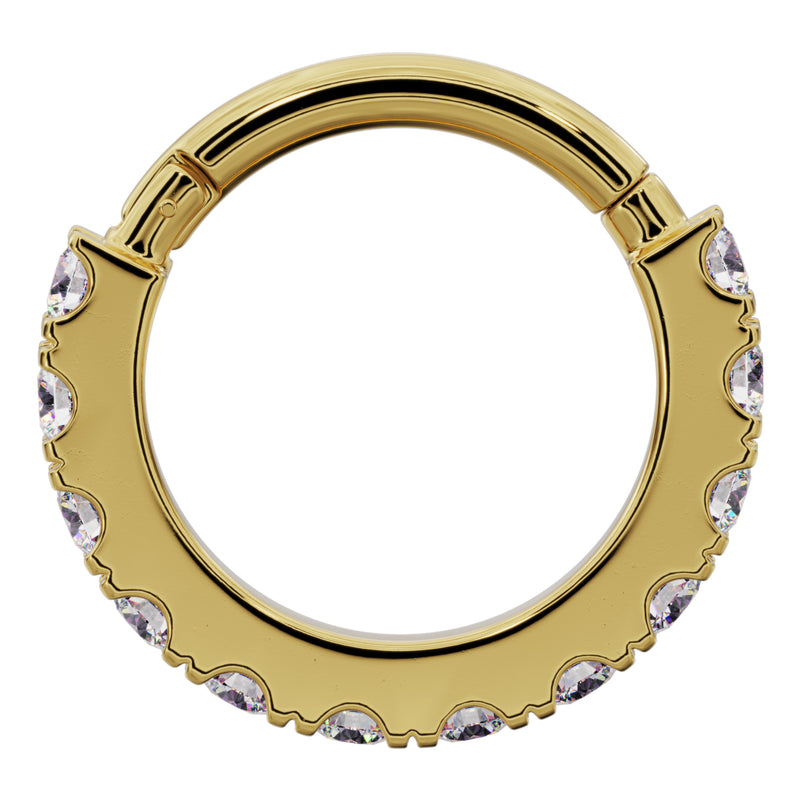 Front-facing view of 14k yellow gold CZ infinity clicker ring showing CZ edging around the full hoop