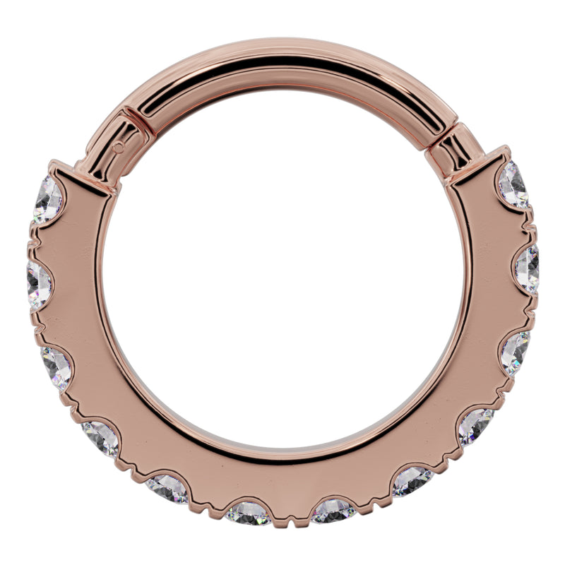 Front-facing view of 14k rose gold CZ infinity clicker ring with CZ stones bordering the hoop edge
