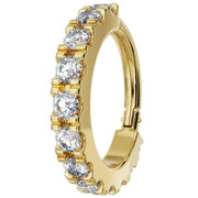 14k yellow gold CZ infinity clicker ring, angled side view showing prong-set round CZ stones