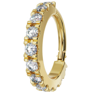 14k yellow gold CZ infinity clicker ring, angled side view showing prong-set round CZ stones