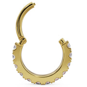 14k yellow gold diamond clicker ring shown open from inner side, highlighting hinge and diamond lower arc