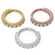Diamond infinity clicker ring in all three 14k gold colors — yellow, rose, and white — shown from inner side