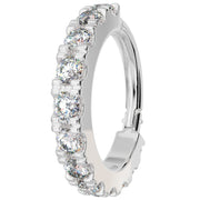 14k white gold CZ infinity clicker ring, angled view showing prong-set CZ stones and clicker hinge
