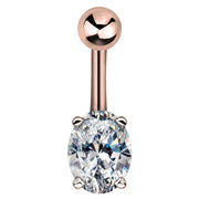 14k rose gold navel ring with oval CZ stone in four-prong setting, front view