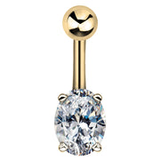 14k yellow gold belly button ring featuring oval cubic zirconia in prong setting