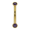 14k yellow gold curved barbell with dual bezel-set amethyst gems, front view