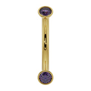 14k yellow gold curved barbell with dual bezel-set amethyst gems, front view