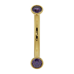 14k yellow gold curved barbell with dual bezel-set amethyst gems, front view