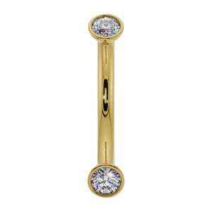 14k yellow gold diamond bezel curved barbell with two round diamonds, front view