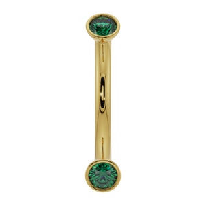 14k yellow gold emerald bezel-set curved barbell with dual round emeralds, front view