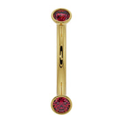 14k yellow gold ruby bezel-set curved barbell with dual red ruby ends, front view