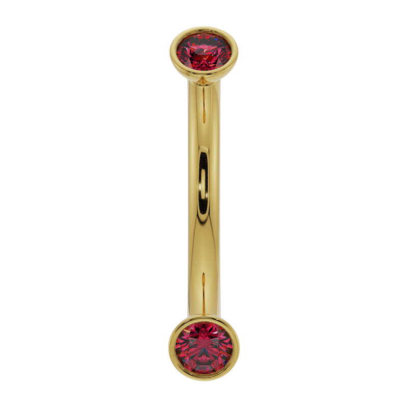 14k yellow gold ruby bezel-set curved barbell with dual red ruby ends, front view