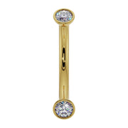 14k yellow gold CZ bezel-set curved barbell with two round CZ ends, front view