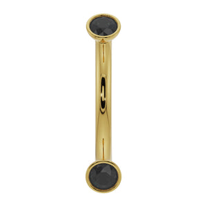 14k yellow gold curved barbell with bezel-set black diamonds, front view, 16G