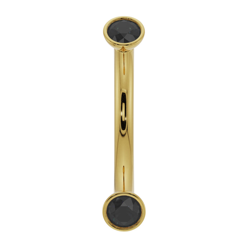 14k yellow gold curved barbell with bezel-set black diamonds, front view, 16G