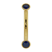 14k yellow gold curved barbell with dual bezel-set blue sapphires, front view