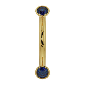 14k yellow gold curved barbell with dual bezel-set blue sapphires, front view
