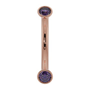 14k rose gold curved barbell featuring dual bezel-set round amethyst stones