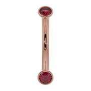 14k rose gold ruby bezel-set curved barbell with dual red ruby ends, front view