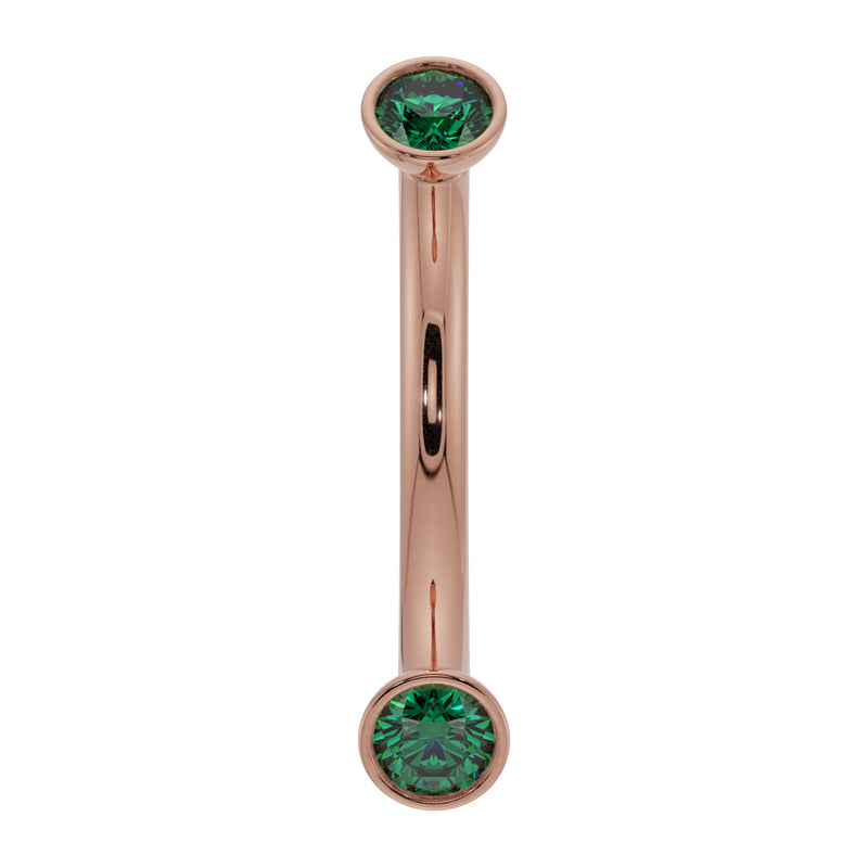 14k rose gold emerald bezel-set curved barbell with dual round emeralds, front view