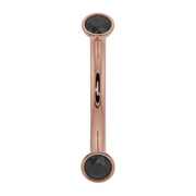 14k rose gold curved barbell with dual bezel-set black diamonds, front view, 16G