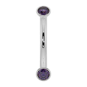 14k white gold amethyst bezel-set curved barbell with purple stones, front view