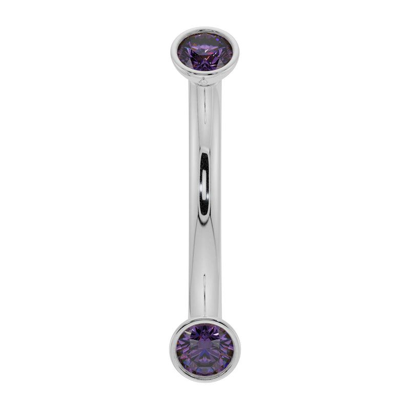 14k white gold amethyst bezel-set curved barbell with purple stones, front view