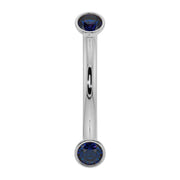 14k white gold curved barbell with dual bezel-set blue sapphires, front view