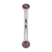 14K white gold curved barbell with dual bezel-set pink sapphires, front view