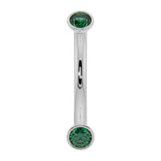 14k white gold emerald bezel-set curved barbell with dual round emeralds, front view