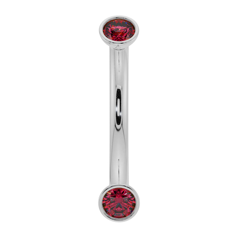 14k white gold ruby bezel-set curved barbell with dual red ruby ends, front view