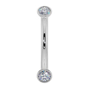 14k white gold CZ bezel-set curved barbell with two round CZ ends, front view