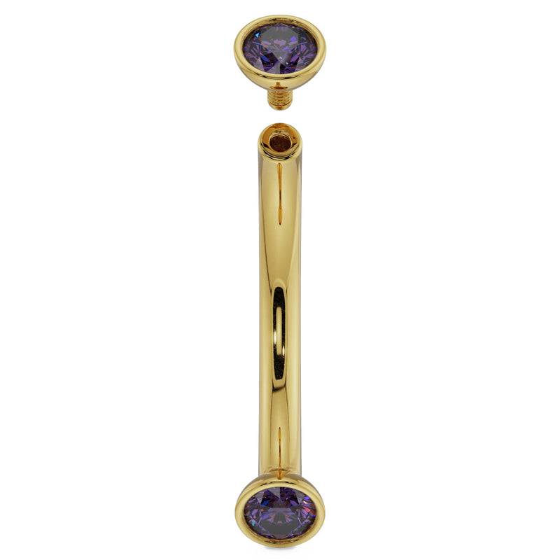 14k yellow gold amethyst curved barbell with top ball removed showing threaded post