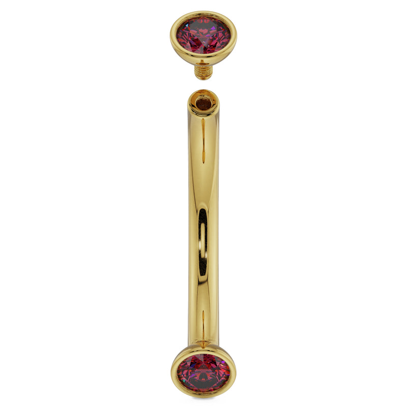 14k yellow gold ruby curved barbell with top ball removed, showing threaded post assembly