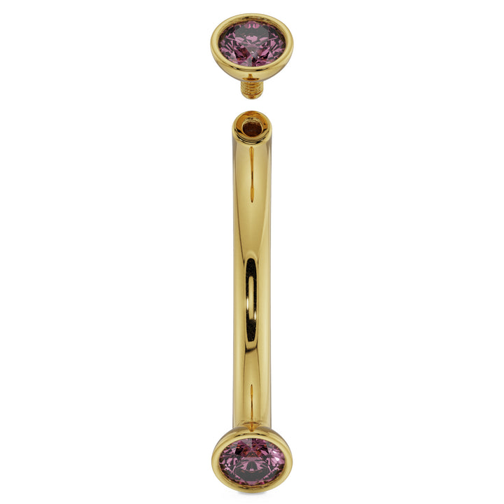 16G (1.2mm) 14K Yellow  Gold dainty pink sapphire bezel 14k gold curved barbell