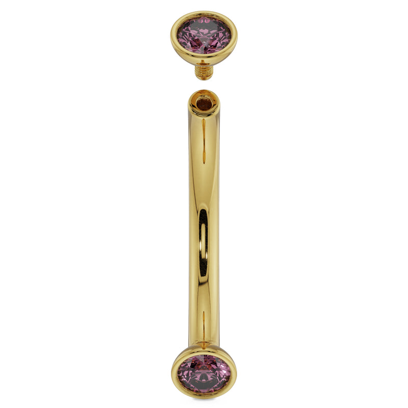 14K yellow gold pink sapphire curved barbell with top ball removed, showing threaded post