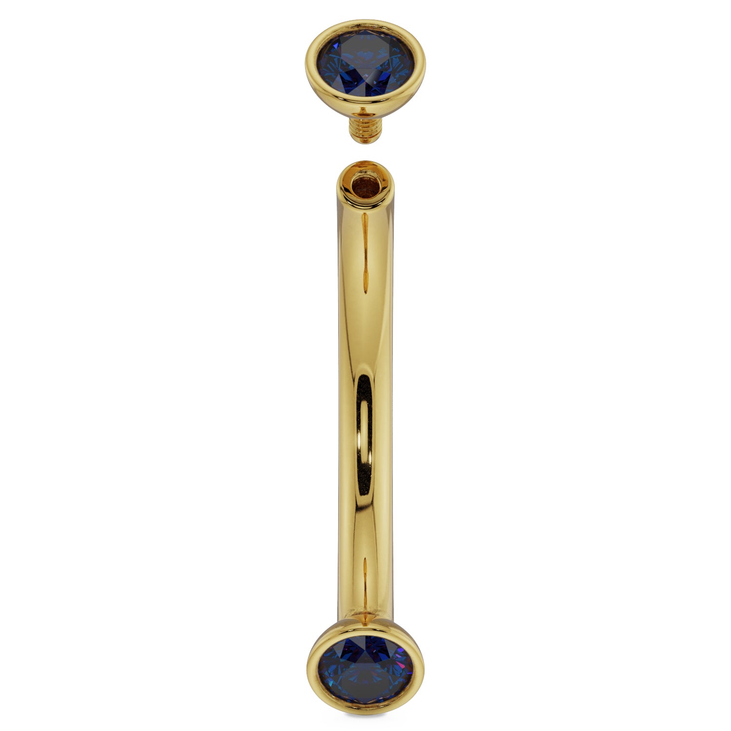 16G (1.2mm) 14K Yellow  Gold dainty blue sapphire bezel 14k gold curved barbell