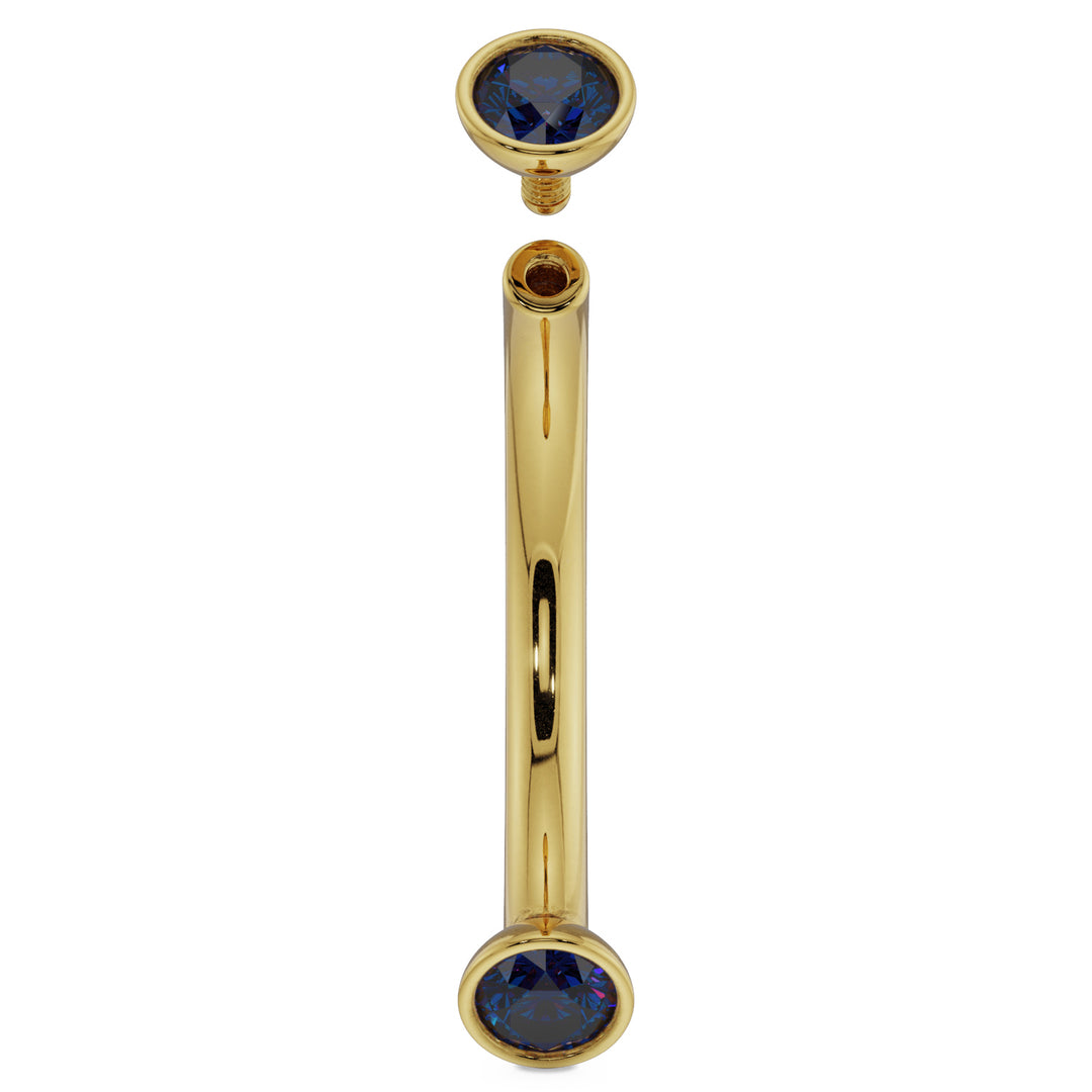 16G (1.2mm) 14K Yellow  Gold dainty blue sapphire bezel 14k gold curved barbell