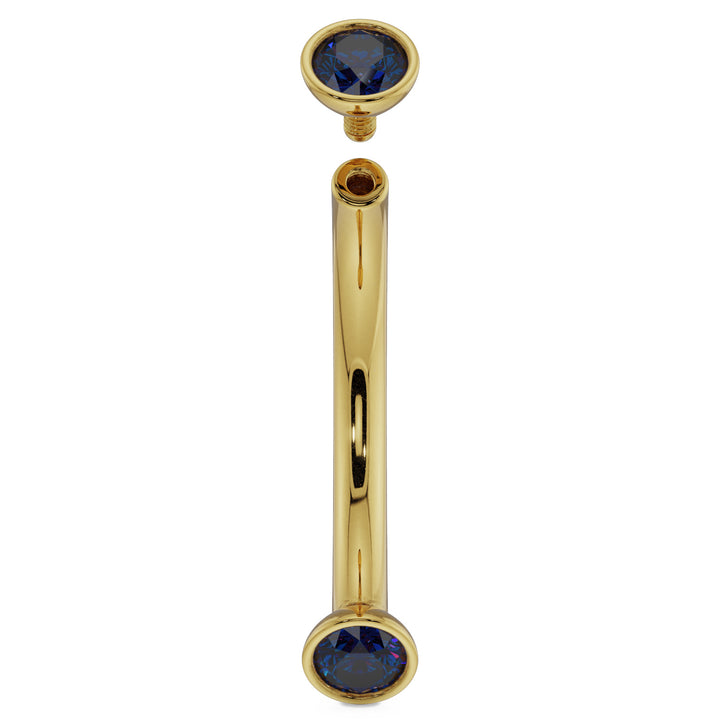 16G (1.2mm) 14K Yellow  Gold dainty blue sapphire bezel 14k gold curved barbell