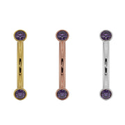 Side-by-side comparison of amethyst curved barbell in yellow gold, rose gold, and white gold