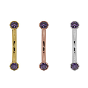Side-by-side comparison of amethyst curved barbell in yellow gold, rose gold, and white gold