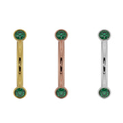 Emerald bezel curved barbell in all three metal options: 14k yellow, rose, and white gold side by side