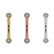 Diamond bezel curved barbell in yellow gold, rose gold, and white gold side-by-side comparison