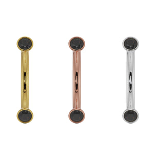 Black diamond bezel curved barbell in all three 14k gold options: yellow, rose, and white