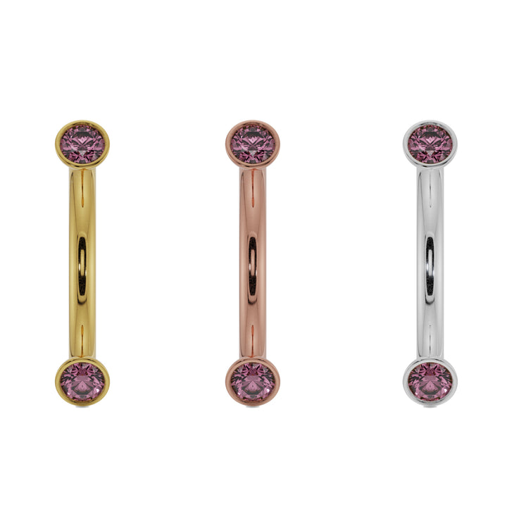 16G (1.2mm) 14K Yellow  Gold dainty pink sapphire bezel 14k gold curved barbell