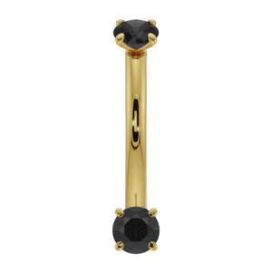 14k yellow gold black diamond prong-set curved barbell, front view with dual prong settings