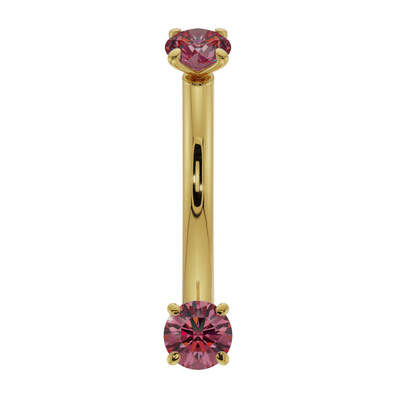 14k yellow gold ruby curved barbell with dual prong-set rubies, straight-on front view
