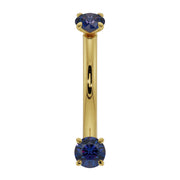 14K yellow gold blue sapphire prong-set curved barbell, front view with dual round sapphire ends